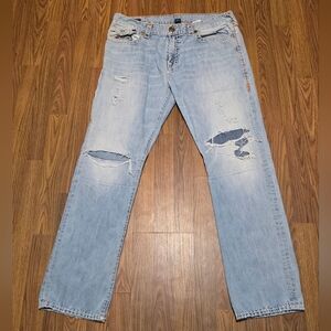 True Religion Ricky Relaxed Straight Jeans Mens 38 Distressed Light Wash USA